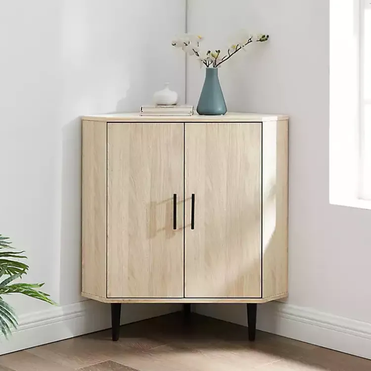 Kirklands Home Birch Wood Finish Corner Cabinet Tan New
