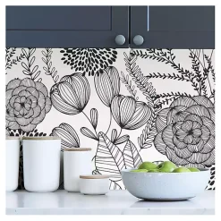 Kirklands Home & White Floral Garden Peel & Stick Wallpaper Black Best