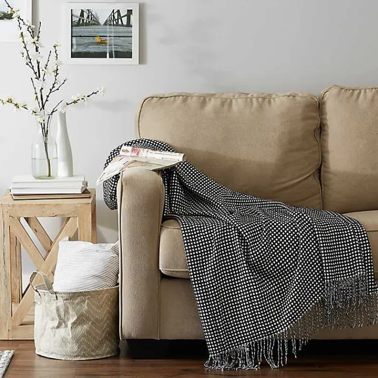 Blankets & Throws>Kirklands Home and White Waffle Knit Fringe Throw Black