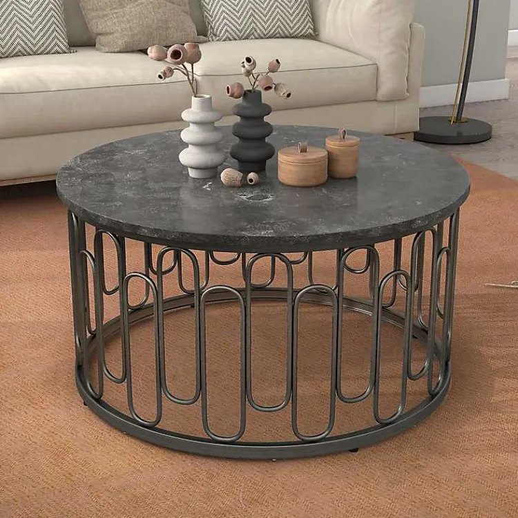 Kirklands Home Stone and Metal Geometric Coffee Table Black Best