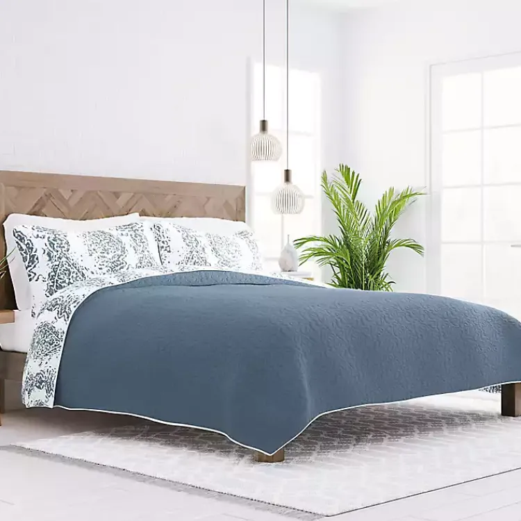 Kirklands Home Blue Damask Reversible 3-pc. King Quilt Set