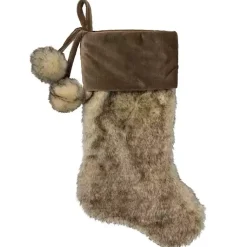 Christmas Stockings & Stocking Holders>Kirklands Home Fur and Corduroy Pom Stocking Brown