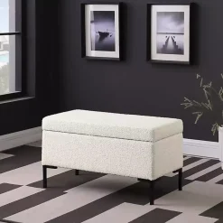 Kirklands Home Cream Boucle Black Metal Storage Bench Ivory New