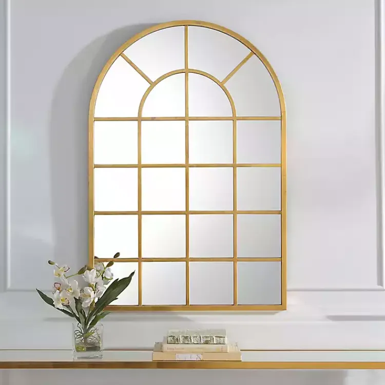 Kirklands Home Gold Leaf Metal Windowpane Arch Frame Mirror
