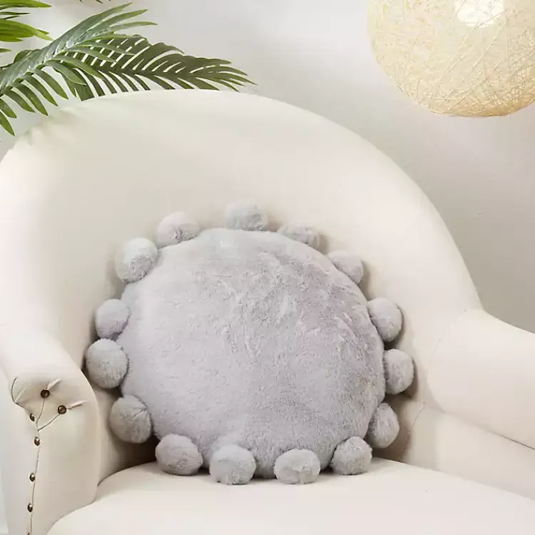 Pillows>Kirklands Home Faux Fur Round Pom Pom Throw Pillow Gray