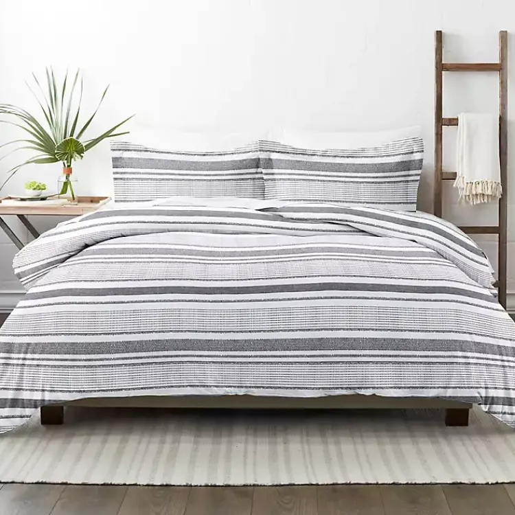 Kirklands Home Gray Soft Striped 3-pc. Queen Duvet Cover Set New