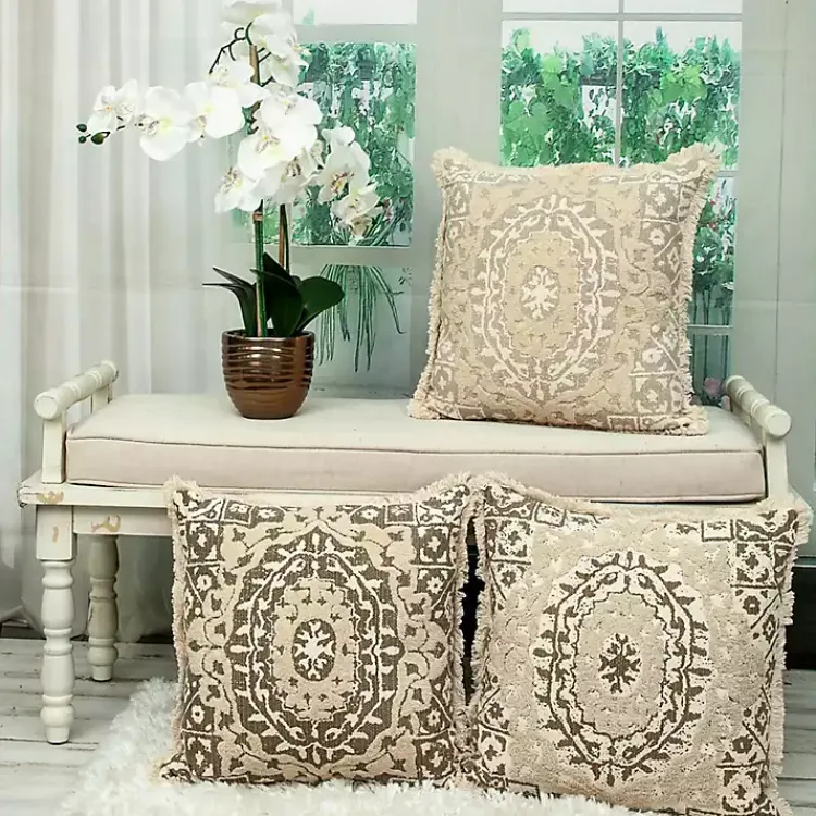 Pillows>Kirklands Home Green and Tan Medallion Fringe Pillow