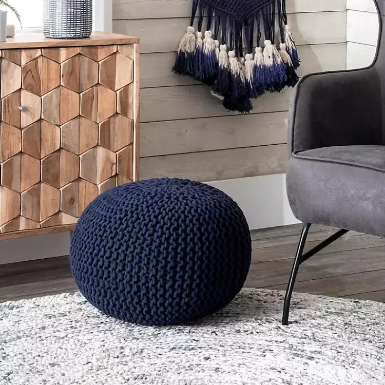 Poufs & Floor Cushions>Kirklands Home Navy Chain Knitted Round Pouf Blue