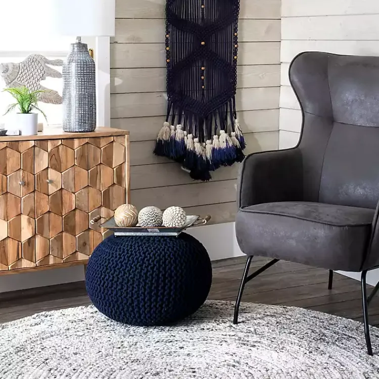 Poufs & Floor Cushions>Kirklands Home Navy Chain Knitted Round Pouf Blue