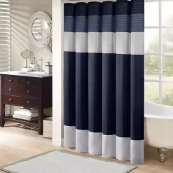 Kirklands Home Navy Colorblock Silky Shower Curtain Blue New