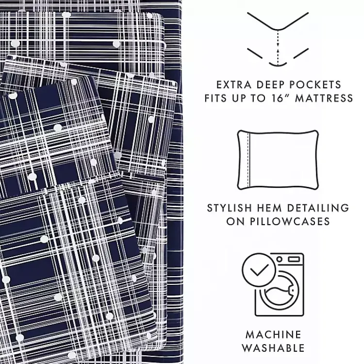 Kirklands Home Navy Plaid Polka Dot 3-pc. Twin Sheet Set Blue Hot