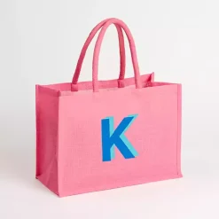 Monogram Seasonal Decor>Kirklands Home Monogram K Jute Tote Bag Pink