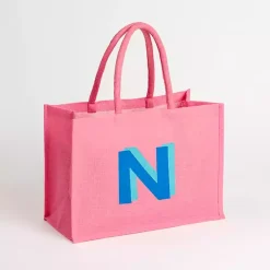 Monogram Seasonal Decor>Kirklands Home Monogram N Jute Tote Bag Pink