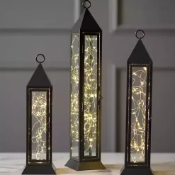 Lanterns>Kirklands Home Pre-Lit Metal Twinkle Lights Lantern, 15 in. Black