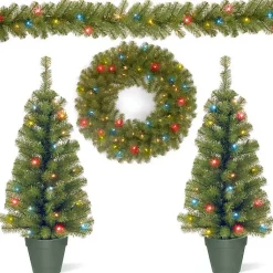 Christmas Arrangements & Garland>Kirklands Home Pre-Lit Multicolor 4-pc. Christmas ery Set Green