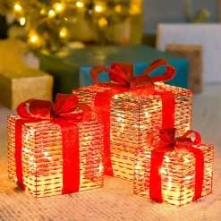 Outdoor Christmas Decorations>Kirklands Home Pre-Lit Iridescent Christmas Gift Box, 8 in. Red