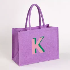Monogram Seasonal Decor>Kirklands Home Monogram K Jute Tote Bag Purple