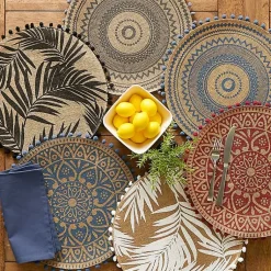 Kirklands Home Red and Natural Print Round Placemats, Set of 6