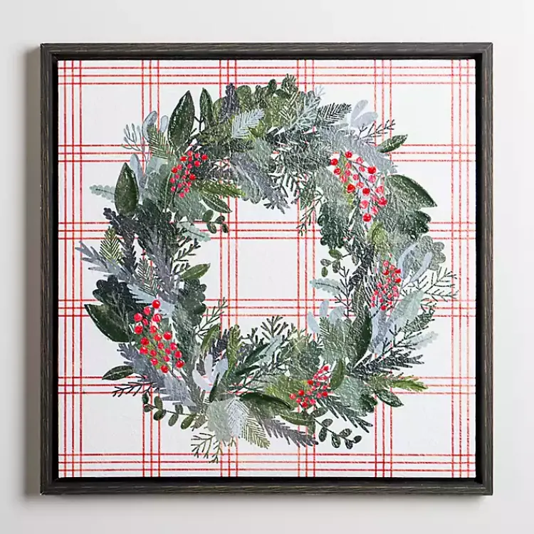 Christmas Art & Wall Decor>Kirklands Home Red Berry Wreath and Windowpane Canvas Art Print