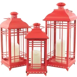 Lanterns>Kirklands Home Metal and Glass Decorative Lanterns, Set of 3 Red
