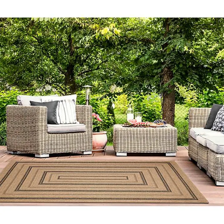 Kirklands Home Tan and Black Framed Indoor/Outdoor Area Rug, 7X9 Clearance