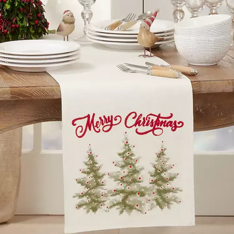 Christmas Dining & Entertaining>Kirklands Home White Merry Christmas Trees Table Runner