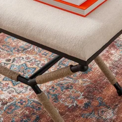 Kirklands Home White Upholstered and Wrapped Rope Metal Bench Online