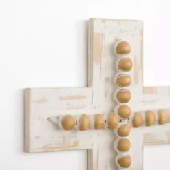 Kirklands Home Whitewashed Beaded Wood Cross Wall Plaque